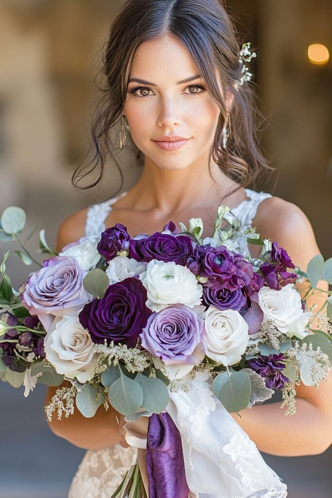 Bridal bouquet featuring lavender and white roses, eucalyptus, and soft blossoms, held by a bride in a lace gown.