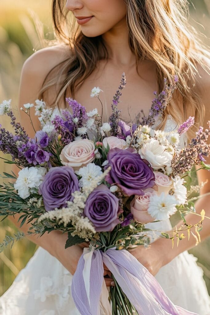 Meadow-inspired bouquet with purple and blush roses, lavender sprigs, and wildflowers, tied with a flowing lavender ribbon.