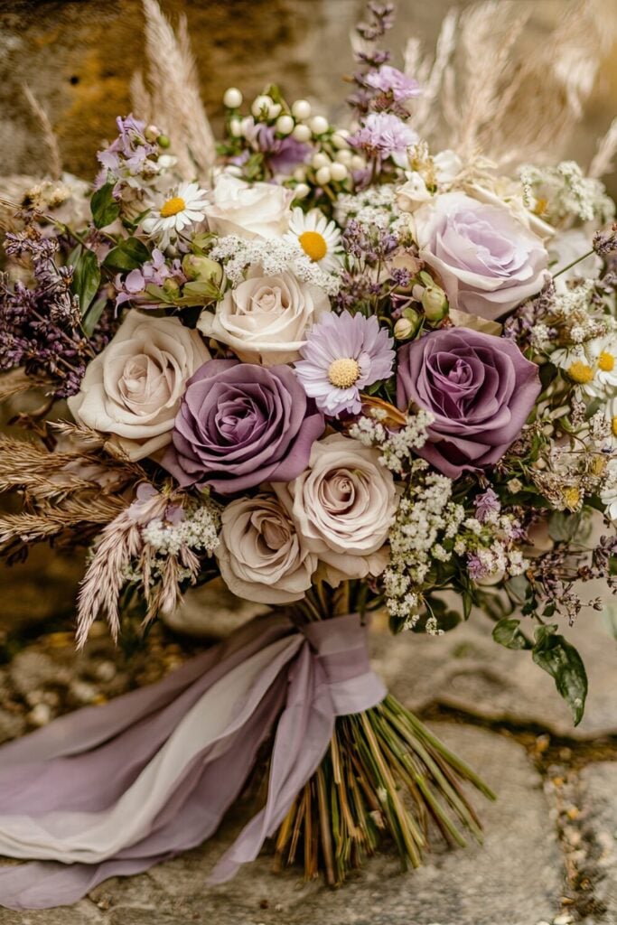 Rustic wedding bouquet with muted lavender roses, daisies, and pampas grass tied with a lilac ribbon.
