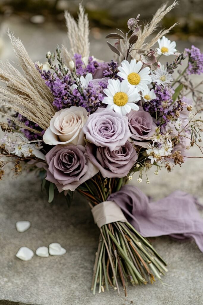 Rustic bridal bouquet with lavender roses, daisies, pampas grass, and a lavender ribbon on a natural stone background.
