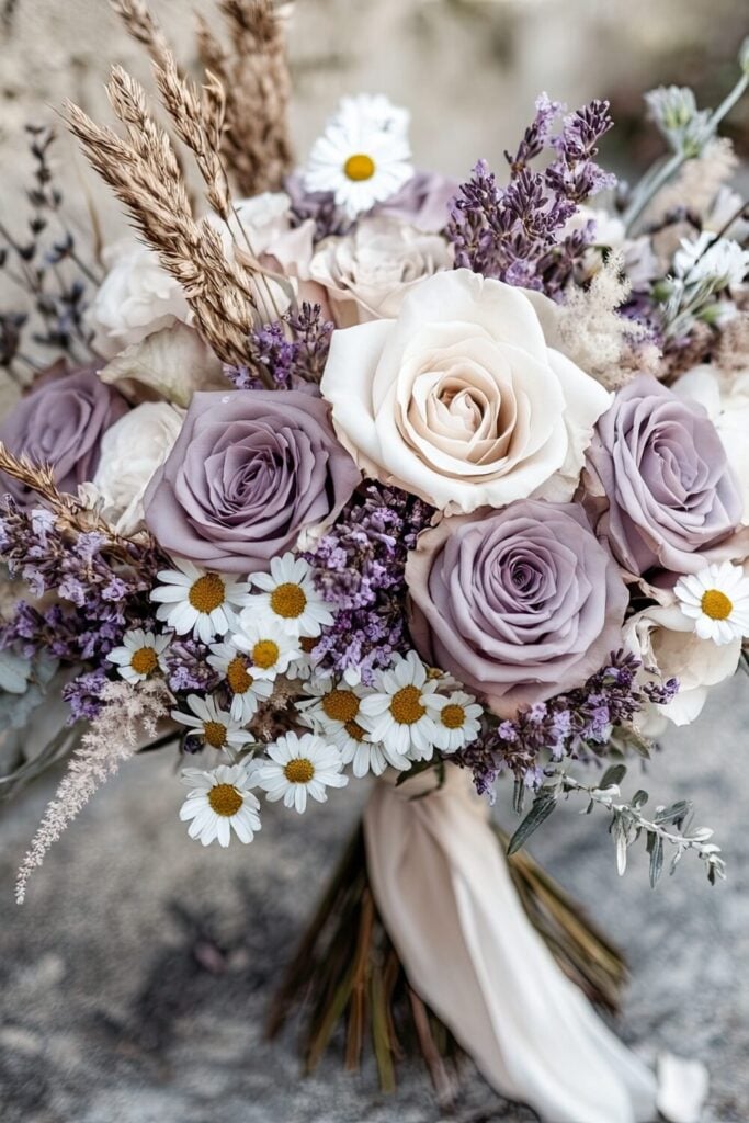 Bridal bouquet with lavender roses, daisies, and wildflower accents tied with a cream satin ribbon.