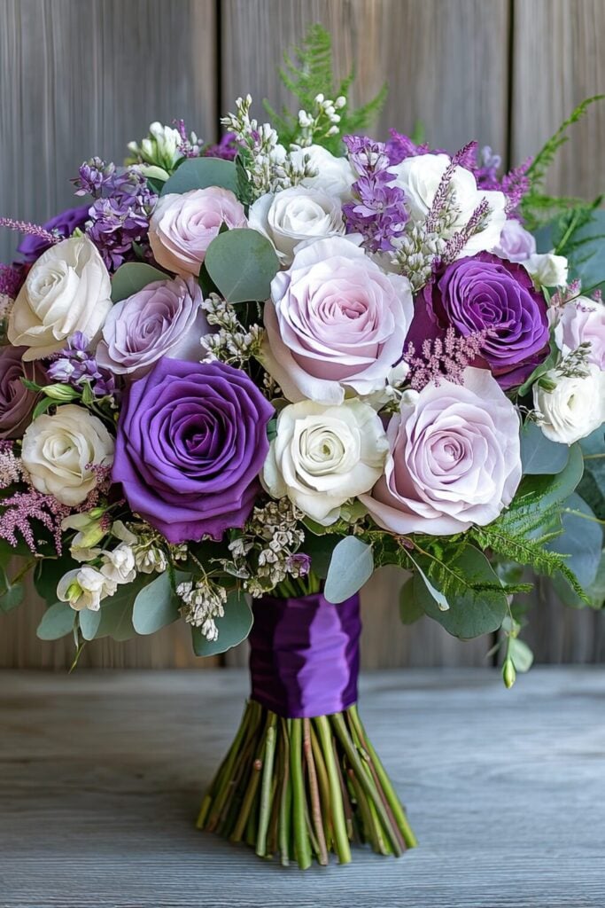 Elegant wedding bouquet with lilac, lavender, and white roses, eucalyptus, and soft pink accents tied with a satin ribbon.