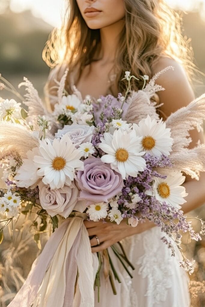 Ethereal bridal bouquet with lavender roses, daisies, pampas grass, and a flowing ribbon held by a bride during sunset.