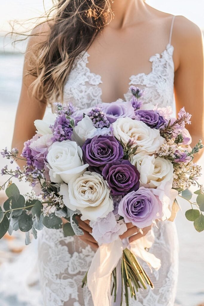 A wedding bouquet with deep purple and white roses, eucalyptus greenery, and lavender accents, held by a bride in a lace dress at the beach.