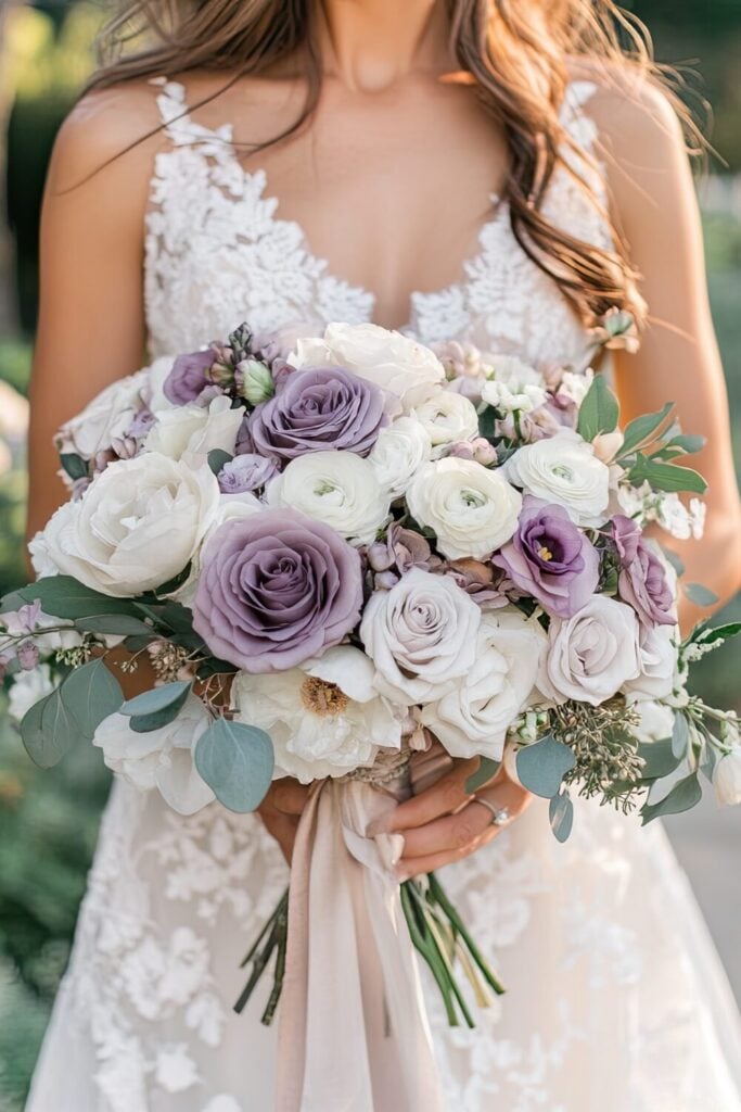 Bridal bouquet with muted lavender and cream roses, white ranunculus, and eucalyptus tied with a blush silk ribbon.