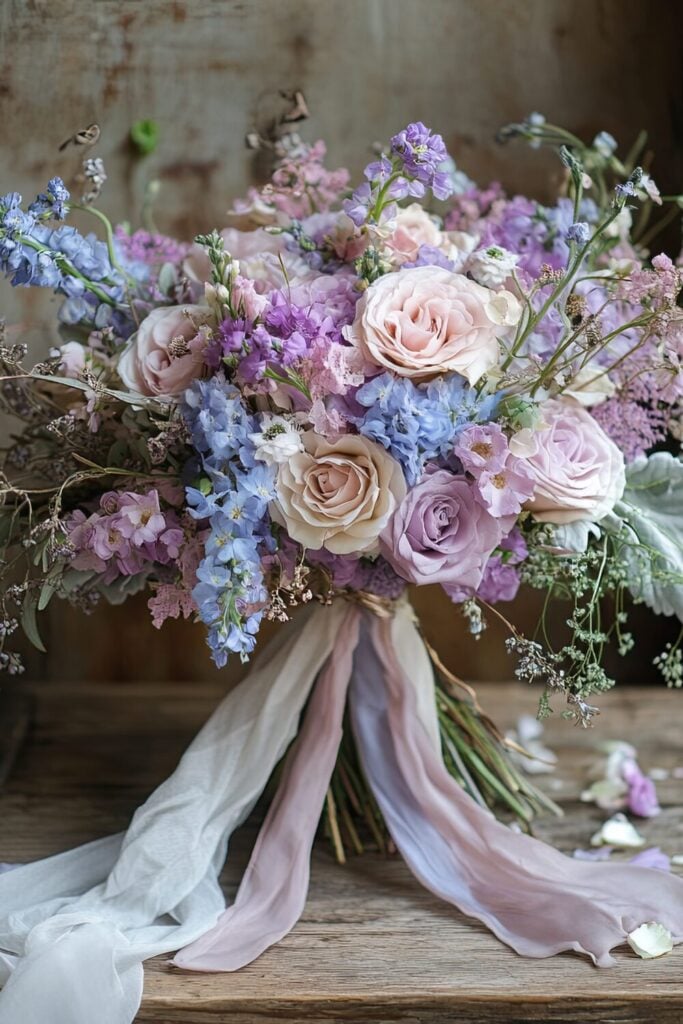 Pastel bridal bouquet with lavender roses, blush pink flowers, blue delphiniums, and flowing silk ribbons on a rustic table.