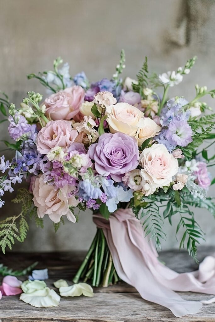 Garden-inspired bridal bouquet with lilac, blush, and blue blooms accented by greenery, tied with a pink silk ribbon.