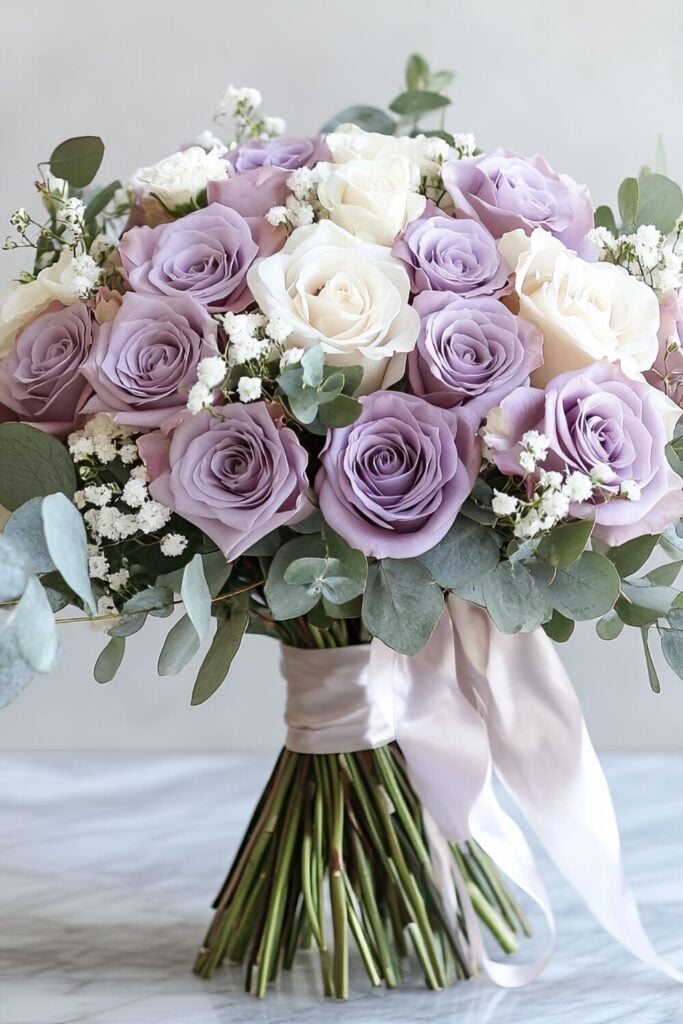 Elegant wedding bouquet with lavender and ivory roses, baby’s breath, and eucalyptus tied with a satin ribbon.