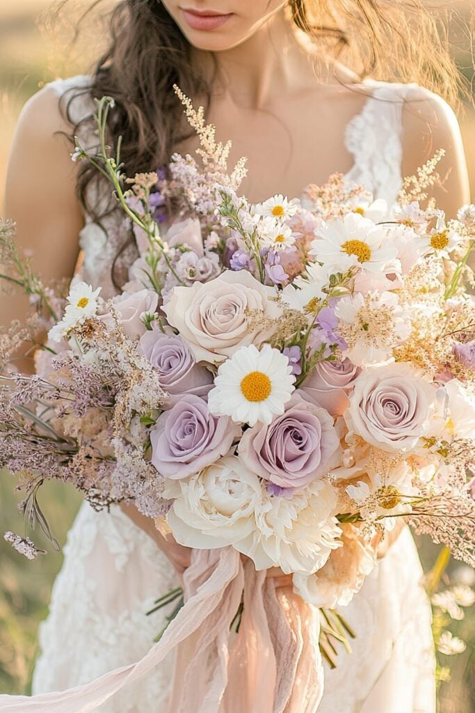 Boho bridal bouquet with lavender roses, daisies, wildflowers, and a flowing ribbon held by a bride in golden-hour light.
