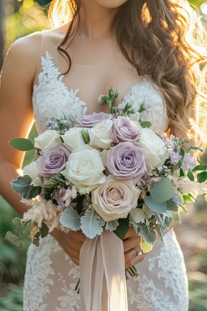 Romantic bouquet with lavender roses, ivory flowers, and eucalyptus tied with a soft ribbon, held by a bride in soft evening light.
