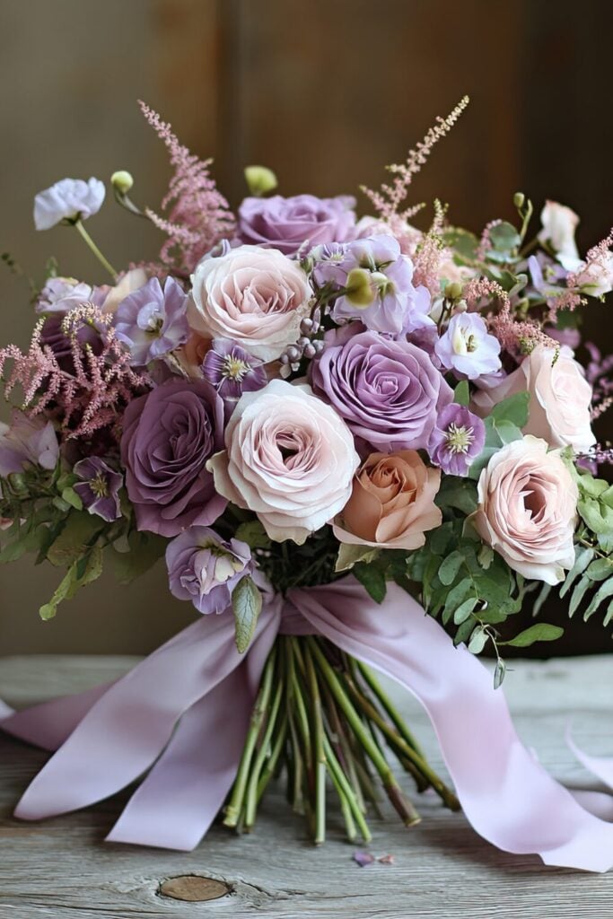 Romantic purple and blush rose wedding bouquet with astilbe and flowing ribbon on a wooden table.