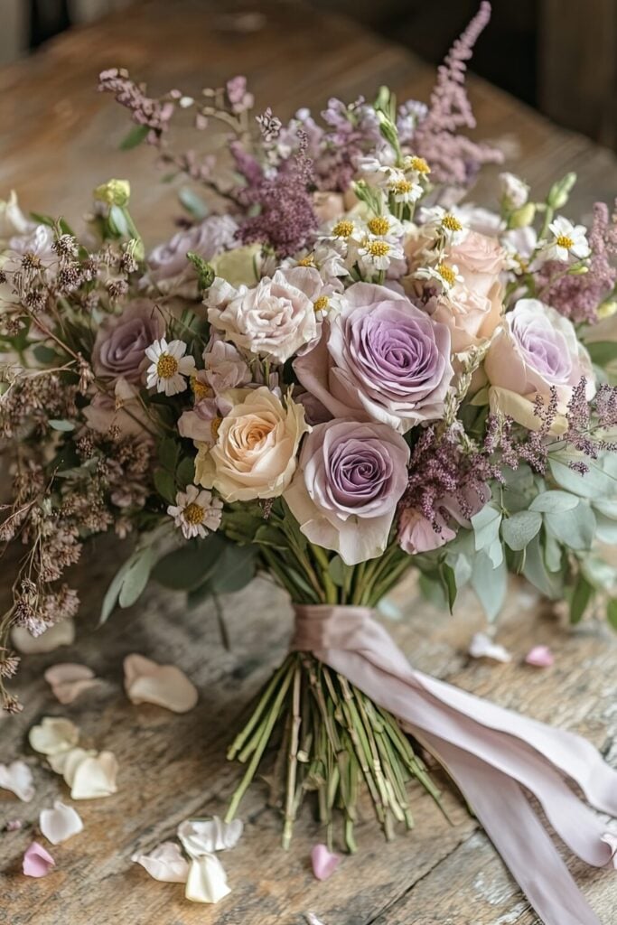 Purple rose wedding bouquet with daisies and rustic greenery on a wood table with scattered petals.