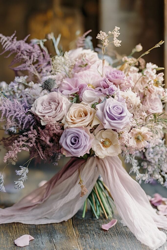 Elegant purple and white rose wedding bouquet with cascading ribbon and garden-inspired blooms.
