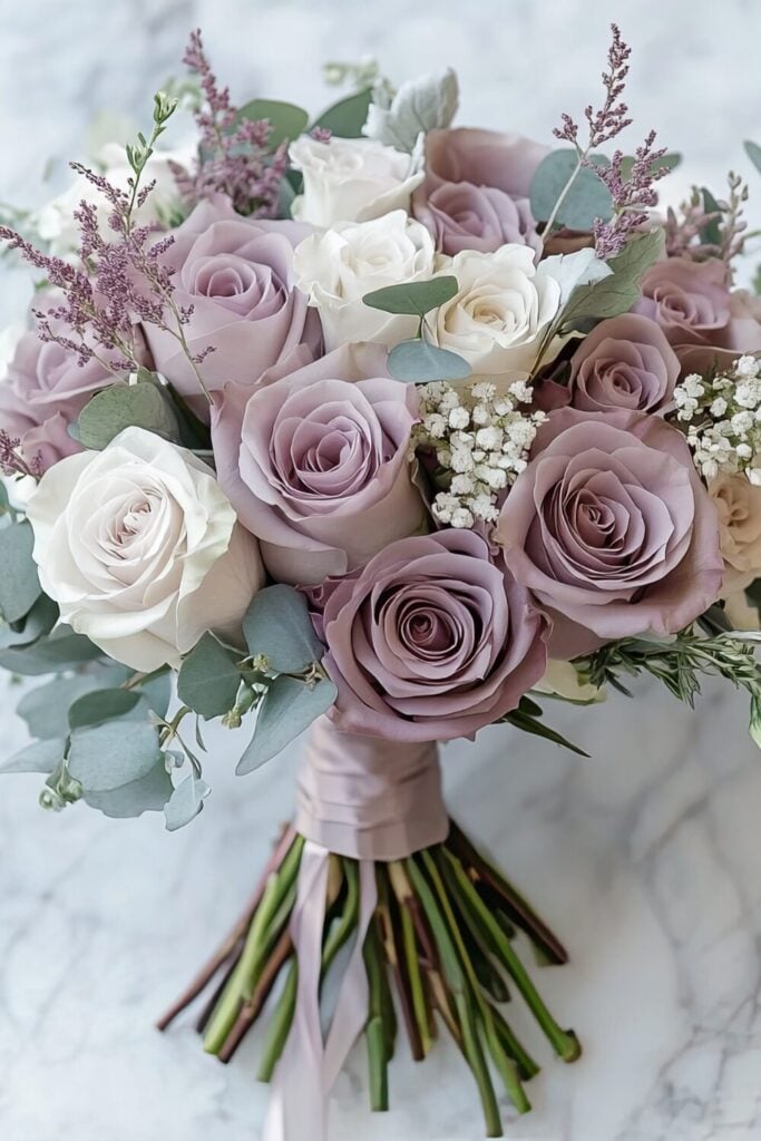 Simple and chic lavender rose wedding bouquet with eucalyptus and baby’s breath on a marble surface.