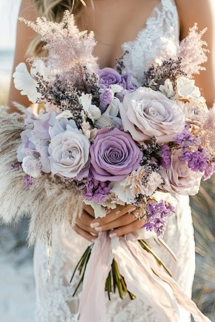 A romantic wedding bouquet with lavender roses, pampas grass, and soft wildflowers, held by a bride wearing an elegant lace dress.