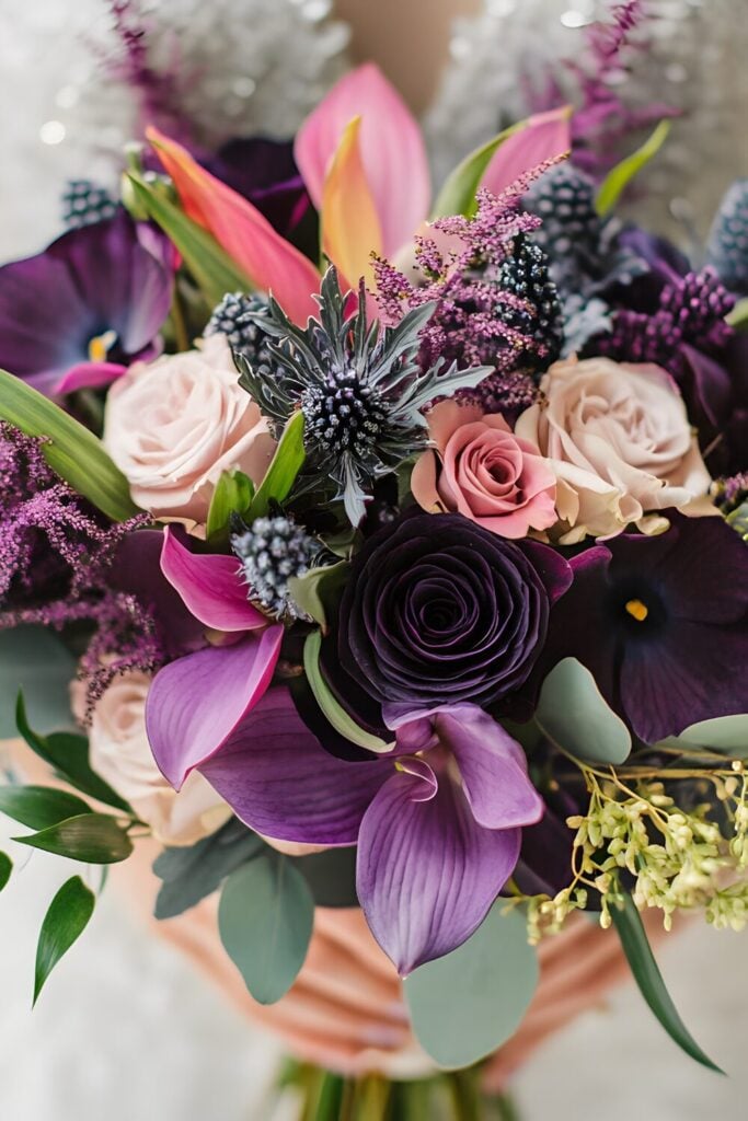 Jewel-toned purple rose and calla lily wedding bouquet with dramatic textures and bold colors.