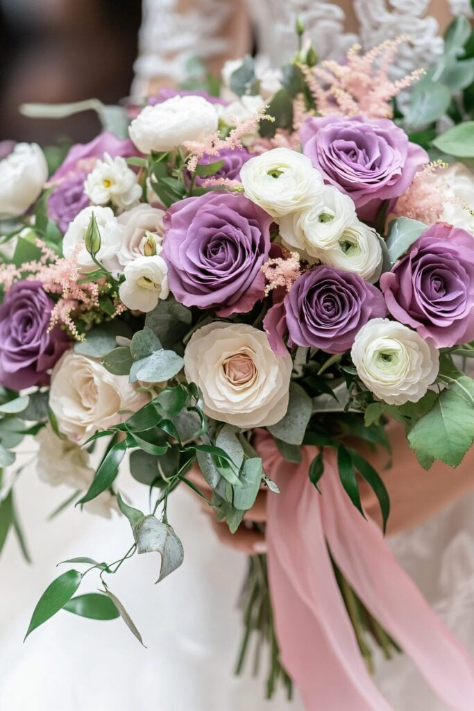 Purple rose and white ranunculus wedding bouquet with pink astilbe and cascading ribbon.