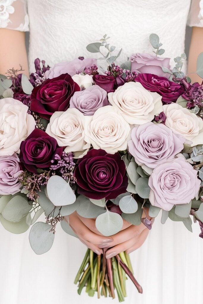 Elegant plum and lavender rose wedding bouquet with eucalyptus greenery.