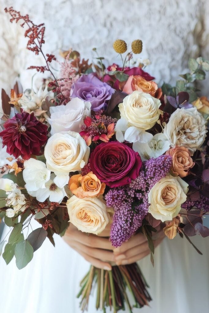 Rustic wedding bouquet with lavender roses, red dahlias, autumn hues, and greenery.