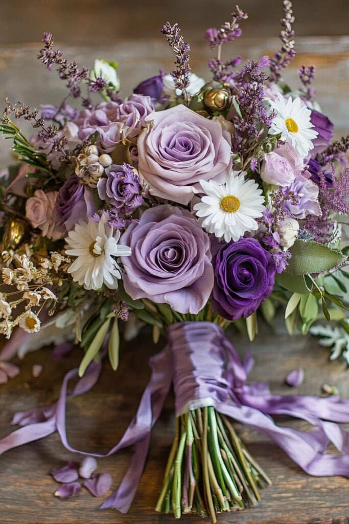 A whimsical bouquet featuring lavender roses, daisies, and wildflowers, tied with a lilac ribbon and styled on a rustic wooden surface.