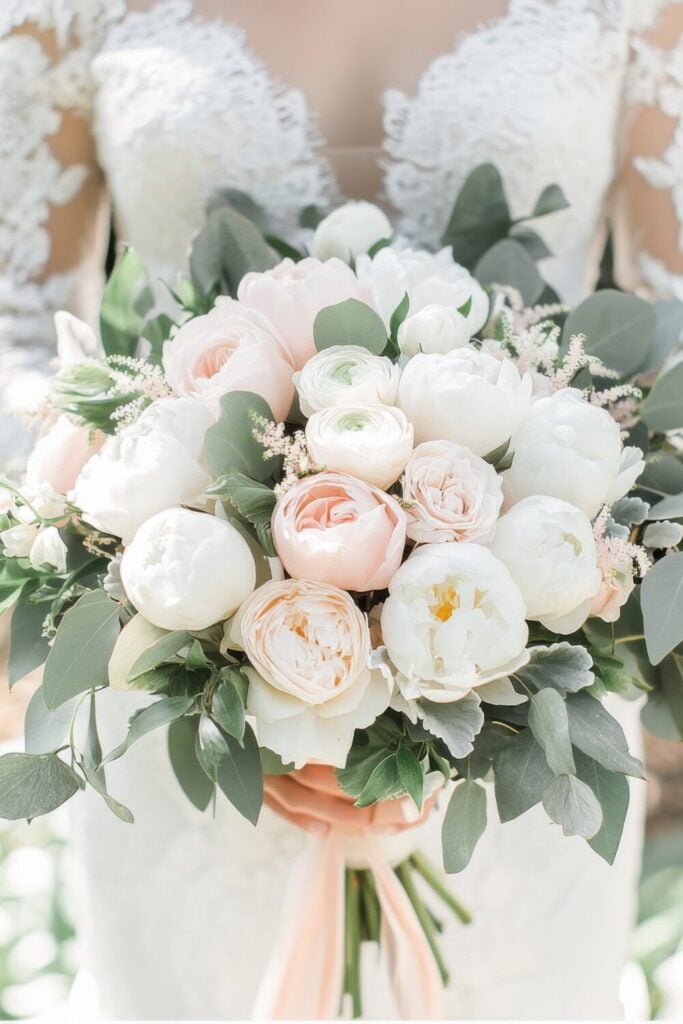 Soft pink roses, white peonies, and eucalyptus wedding bouquet with astilbe accents for a garden-inspired design.