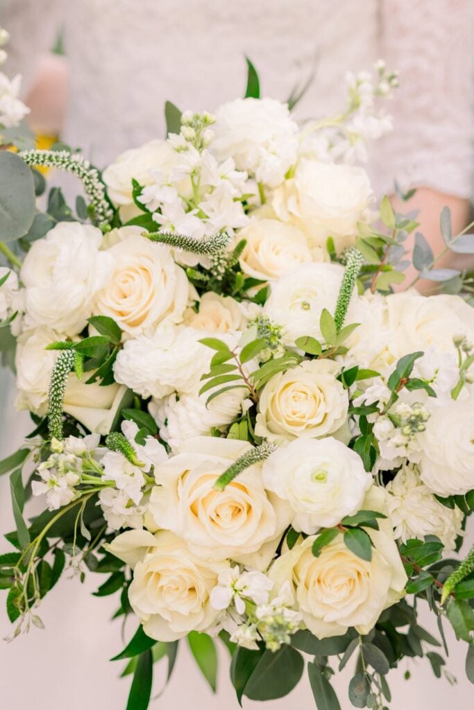 Garden-Inspired White Rose Bouquet with Whimsical Touches