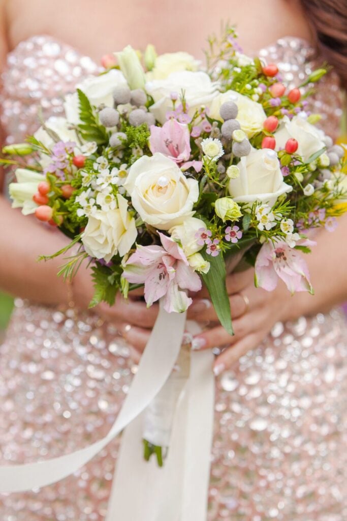 Playful White Rose Bouquet with Pops of Pink and Berries