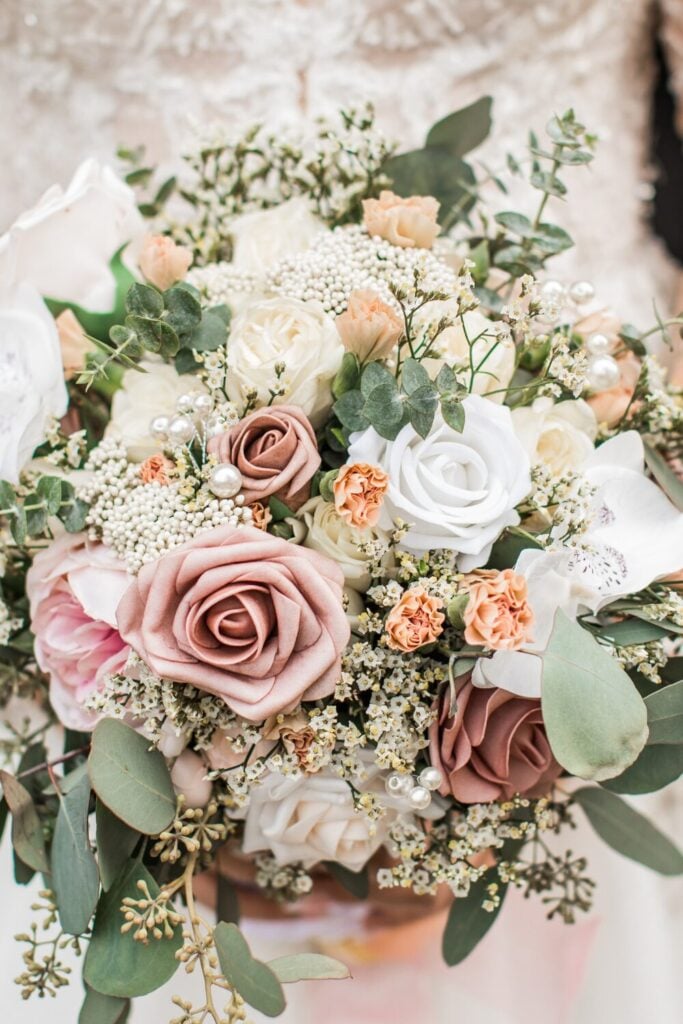 Vintage-Inspired White and Mauve Rose Bridal Bouquet