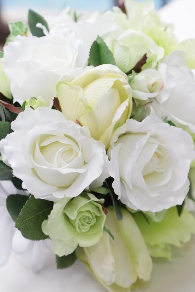 Bright White Rose Wedding Bouquet with Green Tulip Accents