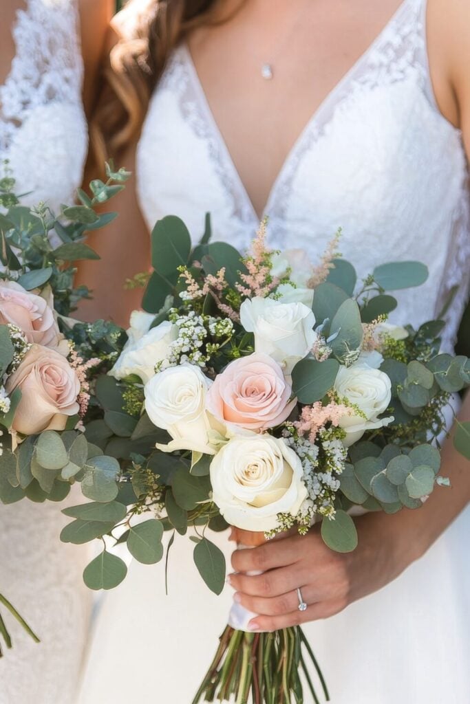 Classic White and Blush Rose Bridal Bouquet with Romantic Eucalyptus