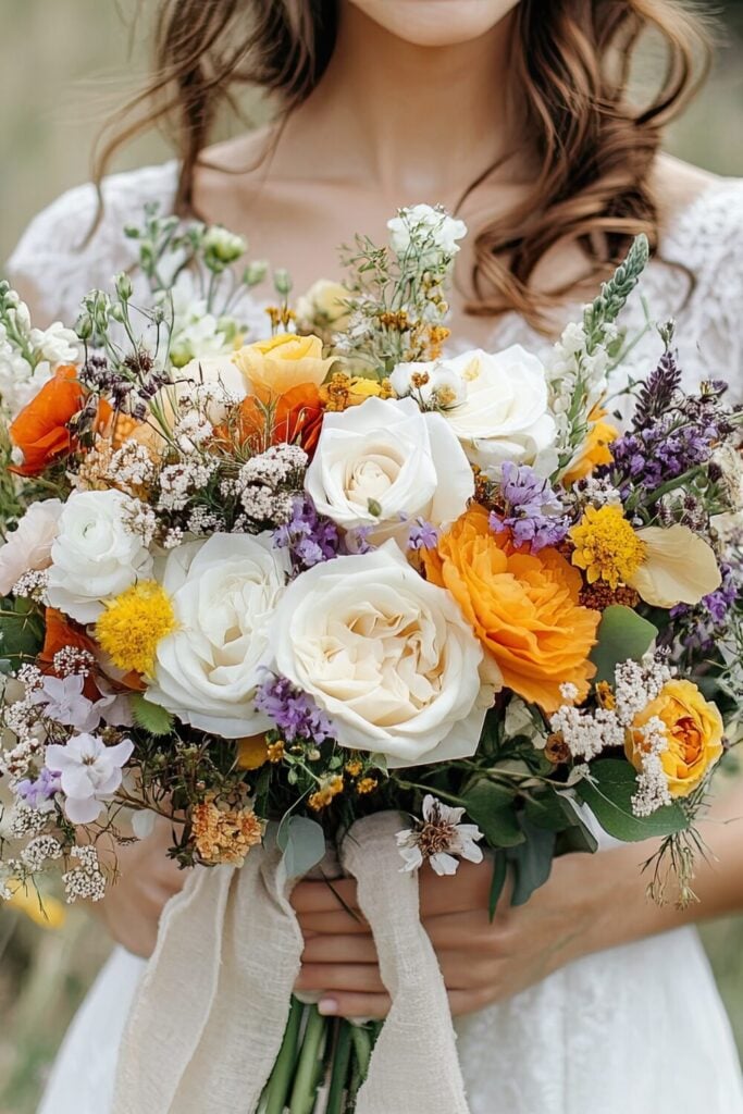 Vibrant White and Yellow Rose Wedding Bouquet