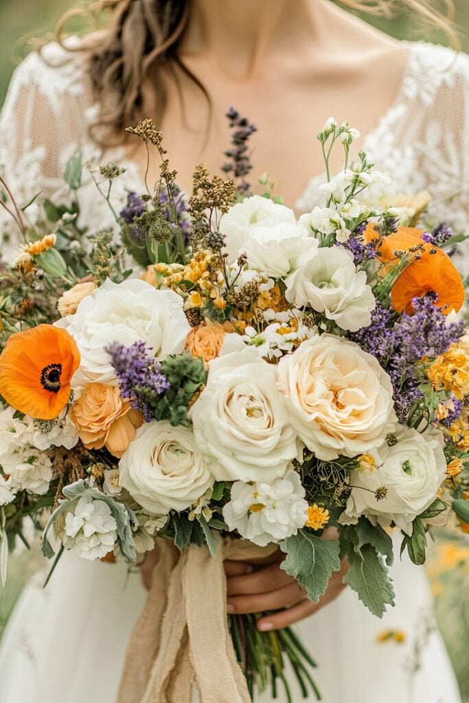 White Rose Wedding Bouquet with Wildflowers