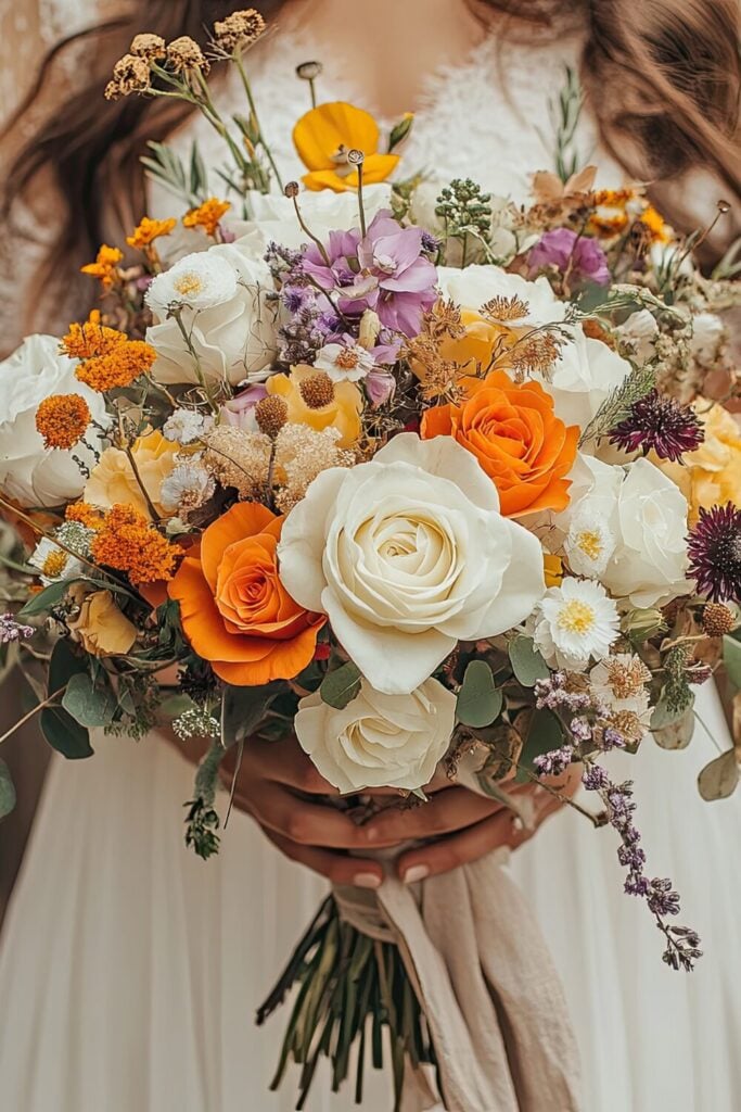 Vivid White Rose Wedding Bouquet with Golden Hues