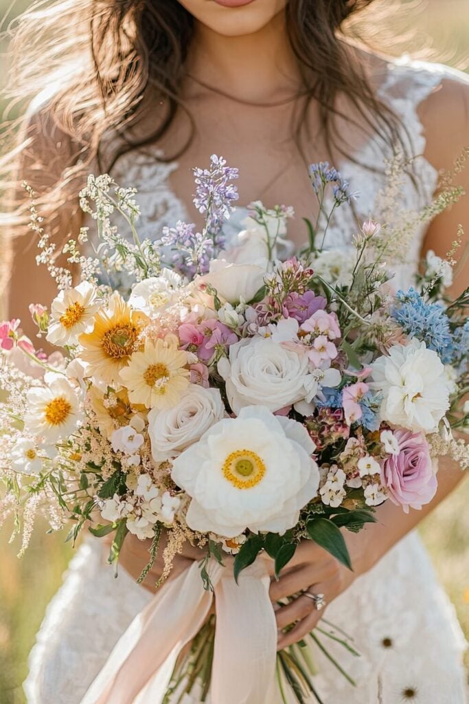Bridal bouquet featuring white roses, lavender sprigs, and soft yellows.