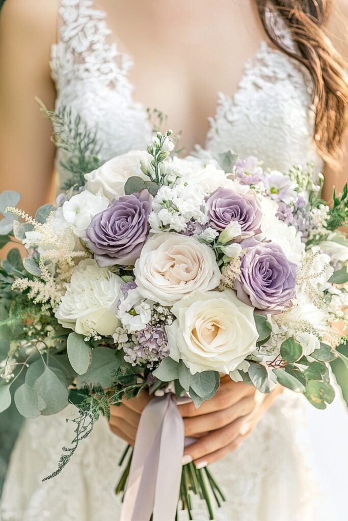 Lavender and Ivory Rose Bouquet with Eucalyptus