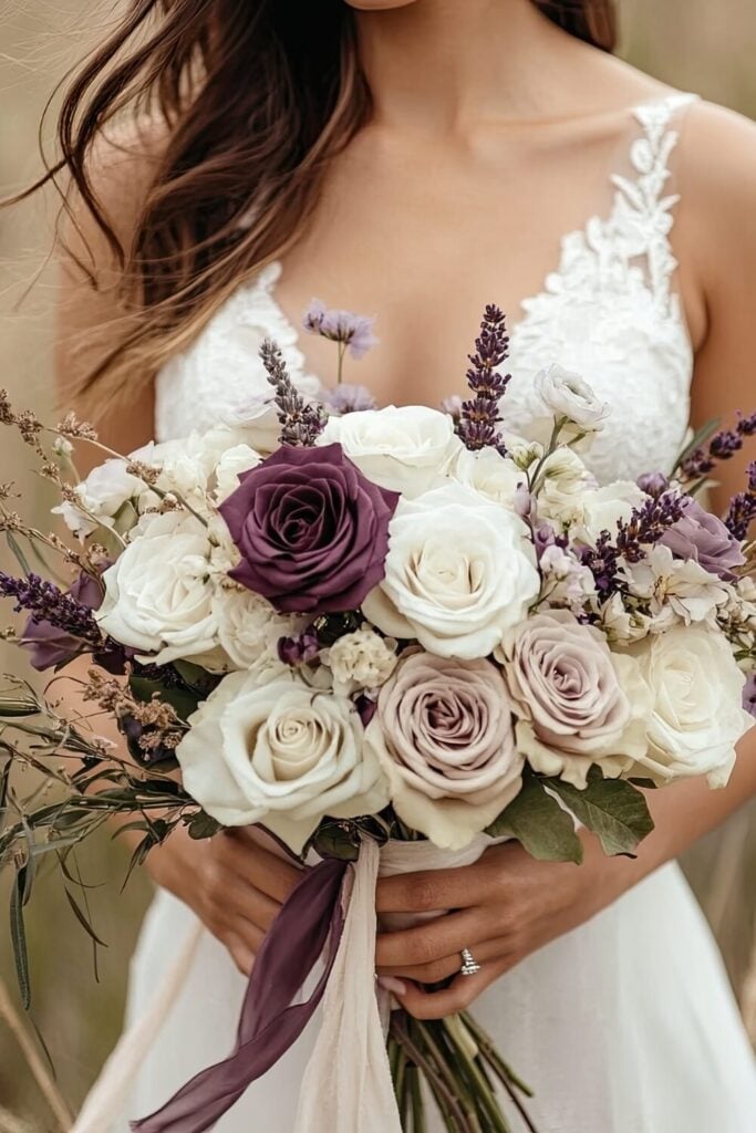 Deep Purple and White Roses Wedding Bouquet
