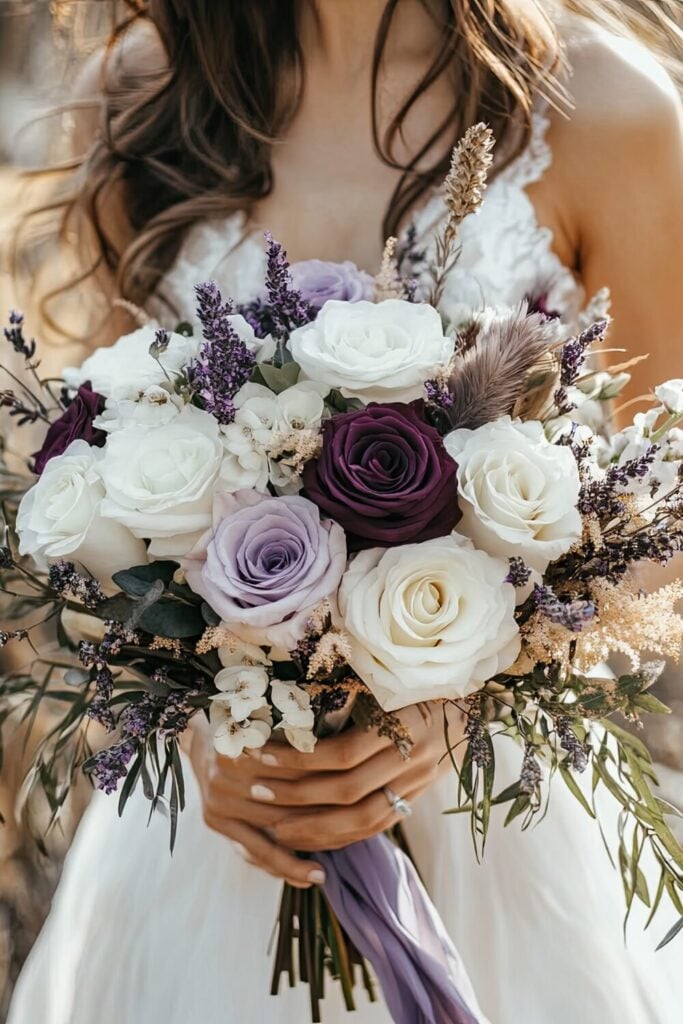 White rose bridal bouquet intertwines crisp white blooms with soft lavender roses and sprigs of wildflowers