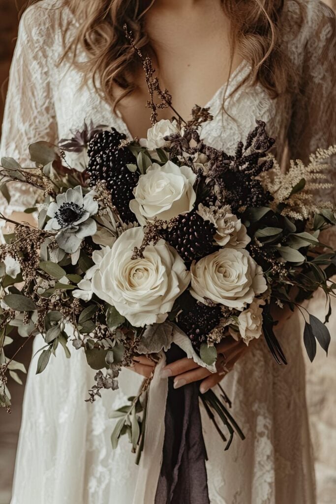 White roses accented by deep plum berries and subtle silver foliage in a bridal bouquet