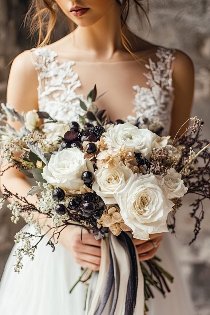 White rose bouquet is paired with dried elements and delicate blackberries