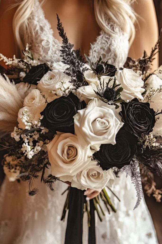 A bridal bouquet featuring soft pampas grass, white roses, and dark foliage.