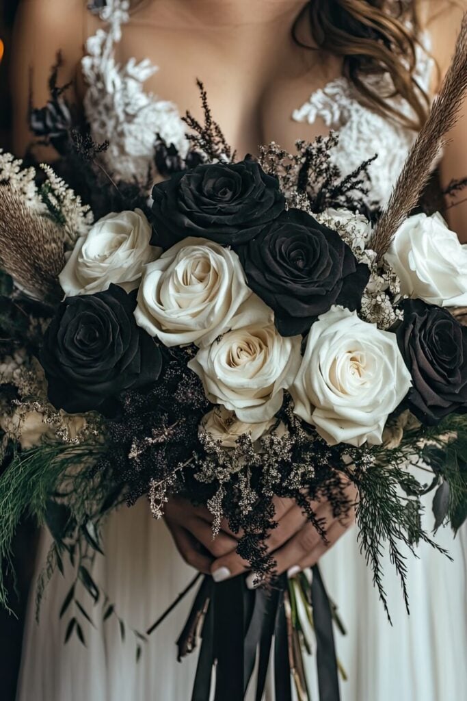 Dramatic wedding bouquet featuring black and white roses