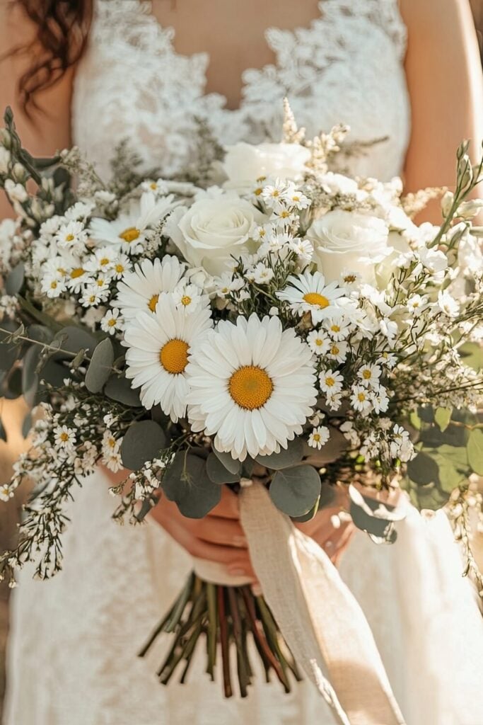 Meadow-inspired white rose bridal bouquet
