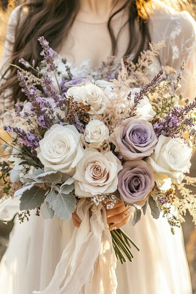 Soft lavender roses pair beautifully with classic white blooms in a wedding bouquet