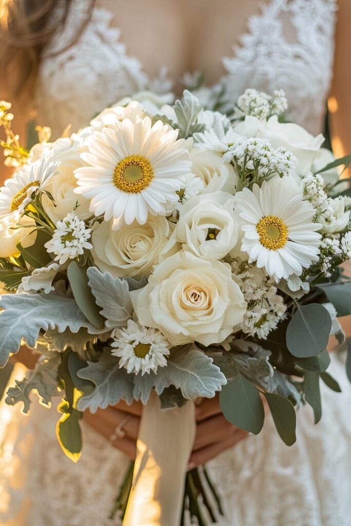 Cheerful white rose wedding bouquet with daisies