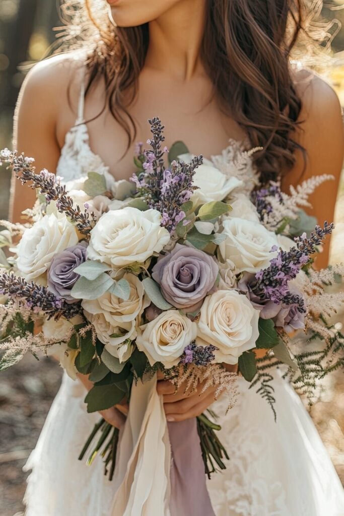 White rose bridal bouquet featuring soft lavender hues and wildflower accents