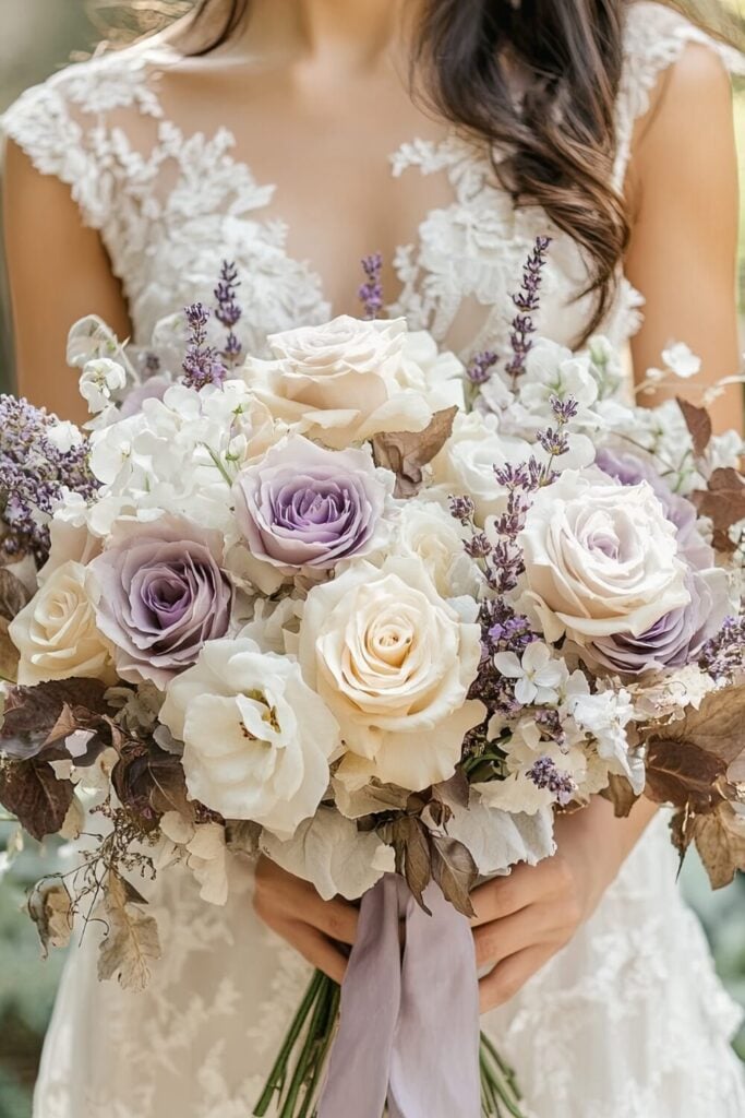 Vintage white rose wedding bouquet with lavender hues