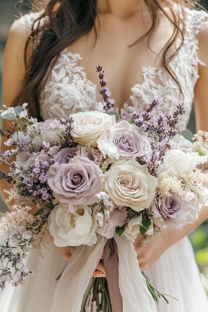 White and lavender bridal bouquet with roses and wildflowers