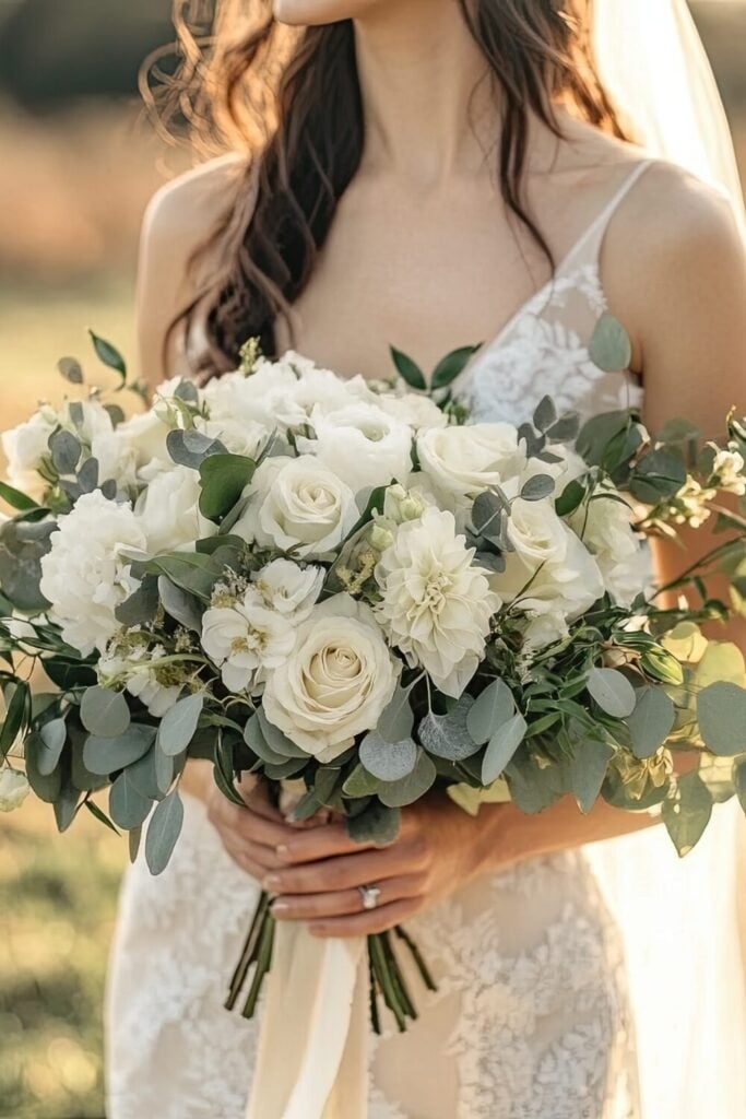 Timeless white rose bridal bouquet with green foliage