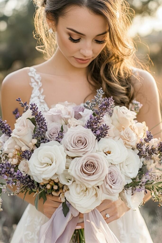 Soft lavender and creamy white roses in a bridal bouquet