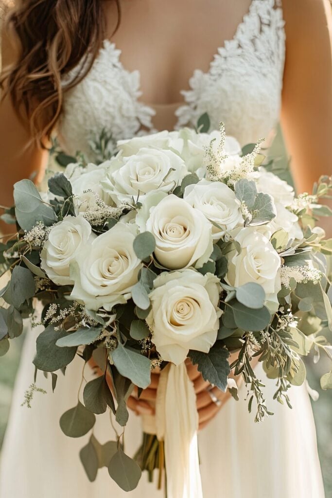 White rose wedding bouquet with cascading eucalyptus